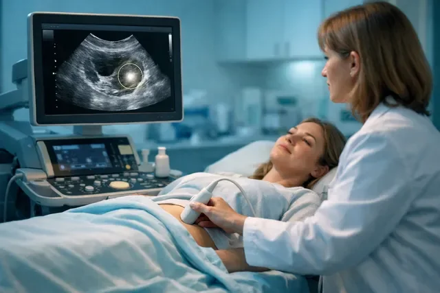 Женщина на УЗИ: выявляют проблему с яичником, спокойная медицинская сцена Женщина на УЗИ: выявляют проблему с яичником, спокойная медицинская сцена