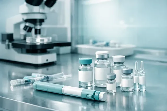 Гонадотропины для стимуляции овуляции при ЭКО: шприц-ручка и флаконы на стерильном столе эмбриолога