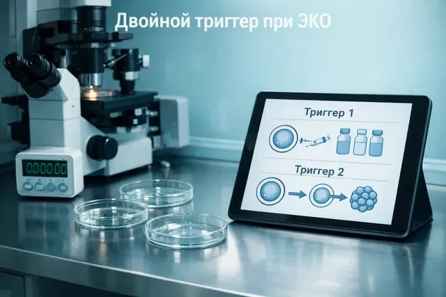 Двойной триггер при ЭКО: схема на планшете в эмбриологической лаборатории без шприцов