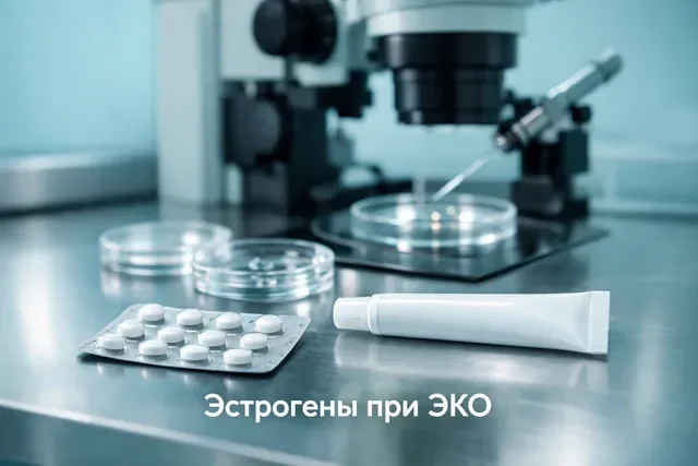 Эстрогены для подготовки эндометрия при ЭКО: гель и таблетки на стерильном столе эмбриолога без шприцов
