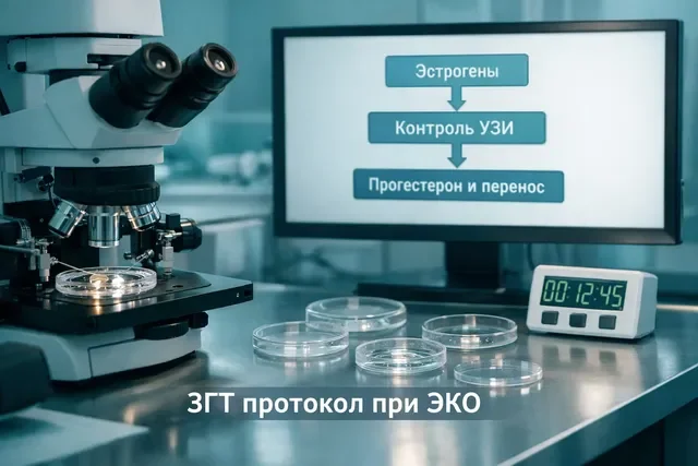 ЗГТ при ЭКО и криопереносе: экран с планом цикла в эмбриологической лаборатории без шприцов