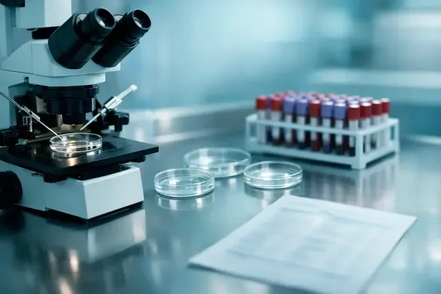 Риски и контроль анализов при ЭКО: лабораторные пробирки и бланк анализов без цифр в эмбриолаборатории