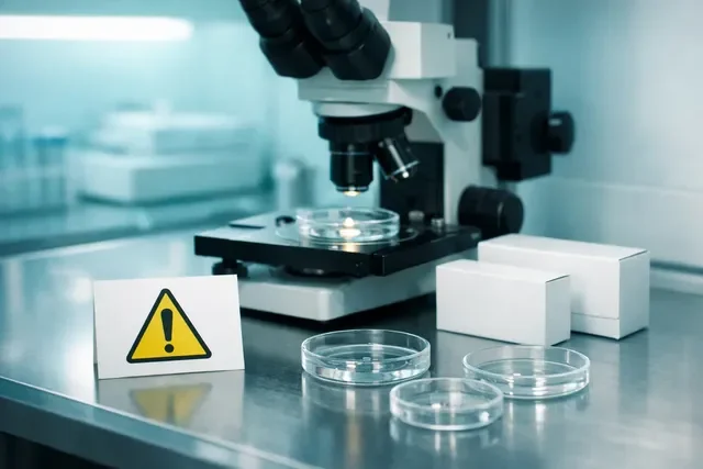 Не для самолечения в ЭКО: стерильная лаборатория и предупреждающий знак без текста и без шприцов