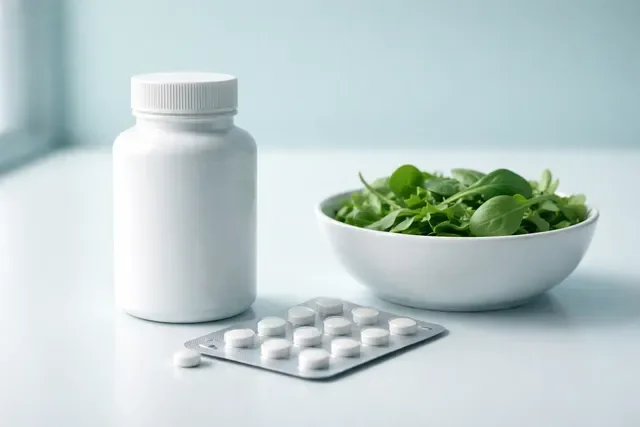 Фолаты при ЭКО: нейтральная баночка витаминов и зелёные листовые овощи на стерильном фоне без надписей