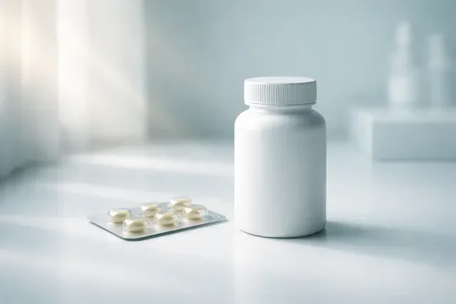 Витамин D при ЭКО: нейтральная баночка витаминов и солнечный луч на стерильном фоне без надписей