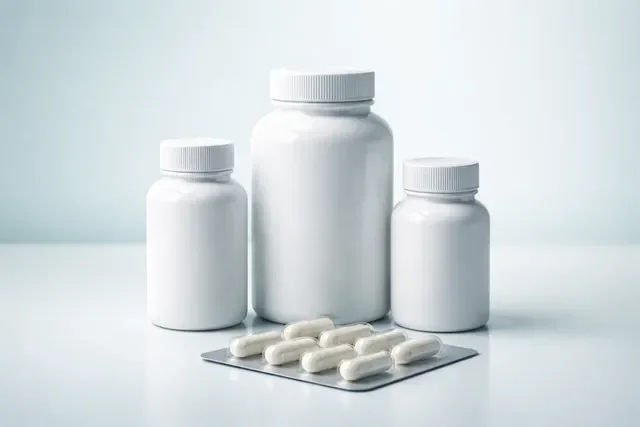 БАДы при ЭКО: нейтральные баночки добавок и капсулы на стерильном фоне без надписей БАДы при ЭКО: нейтральные баночки добавок и капсулы на стерильном фоне без надписей