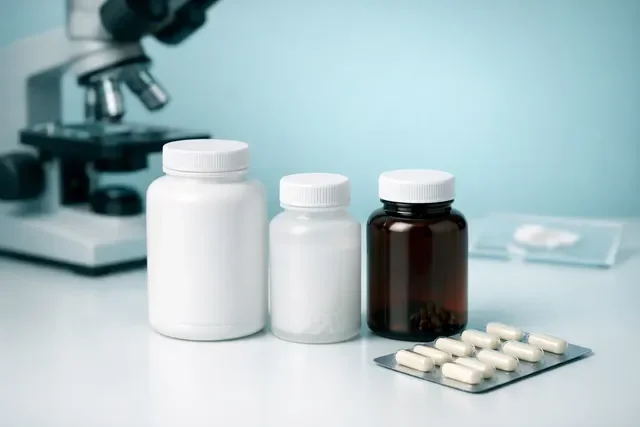 Добавки при мужском факторе: нейтральные банки, капсулы и микроскоп на стерильном фоне без надписей