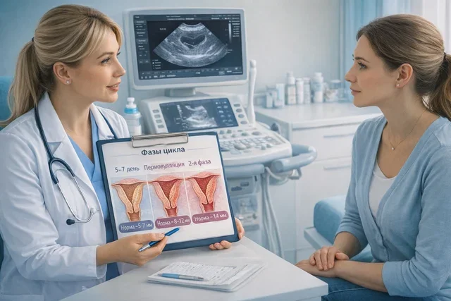 Толщина эндометрия по фазам цикла на УЗИ: консультация гинеколога и снимок матки в клинике Толщина эндометрия по фазам цикла на УЗИ: консультация гинеколога и снимок матки в клинике