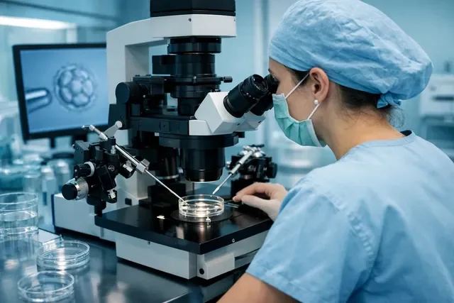 IMSI в клинике ВРТ: эмбриолог отбирает сперматозоид под большим увеличением в лаборатории