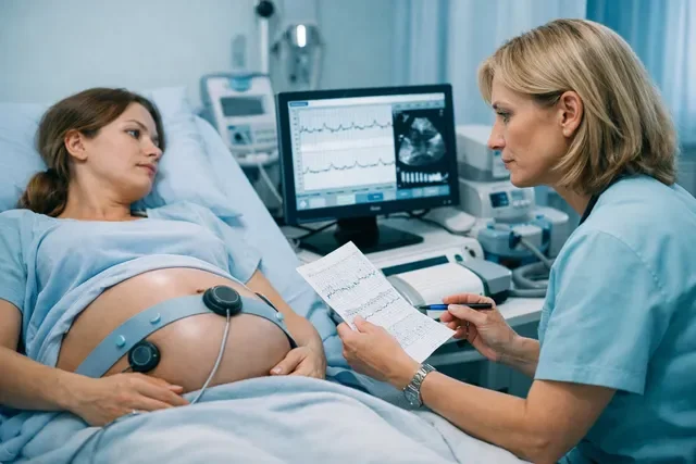 Гипоксия плода: врач оценивает КТГ и допплер у беременной в третьем триместре Гипоксия плода: врач оценивает КТГ и допплер у беременной в третьем триместре