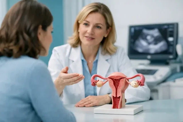 Женская репродуктивная система простыми словами: врач показывает на модели матки, яичников и труб перед консультацией по ЭКО Женская репродуктивная система простыми словами: врач показывает на модели матки, яичников и труб перед консультацией по ЭКО