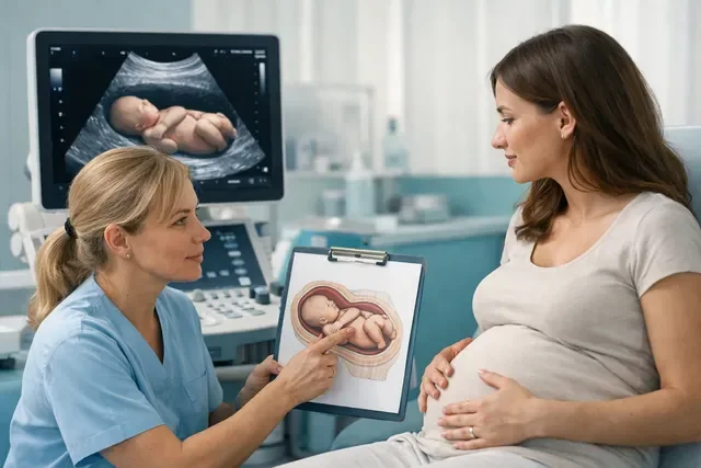 Поперечное положение плода: врач показывает на УЗИ положение ребёнка и обсуждает тактику родов Поперечное положение плода: врач показывает на УЗИ положение ребёнка и обсуждает тактику родов