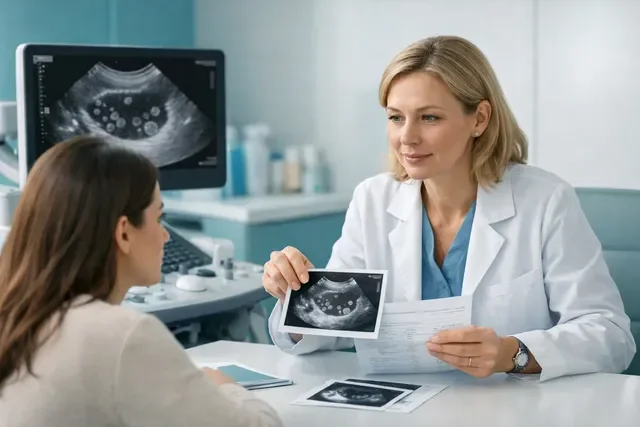 Овариальный резерв: врач объясняет результаты АМГ и УЗИ яичников перед ЭКО Овариальный резерв: врач объясняет результаты АМГ и УЗИ яичников перед ЭКО