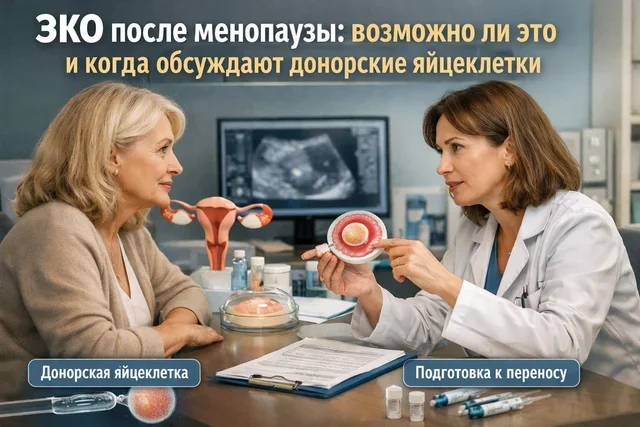 ЭКО после менопаузы: врач обсуждает с женщиной донорские яйцеклетки и подготовку к программе