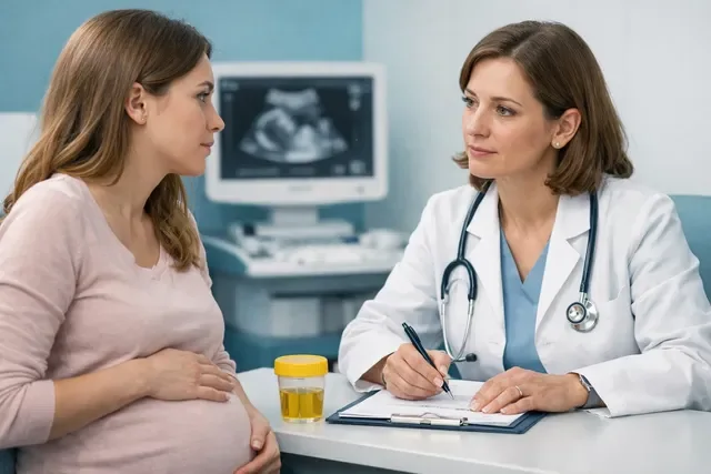 Цистит при беременности: беременная женщина на консультации у врача из-за боли при мочеиспускании и частых позывов