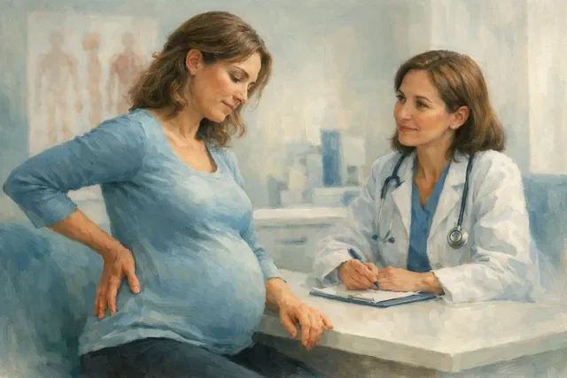 Боль в спине при беременности: беременная женщина обсуждает с врачом причину боли в пояснице и самочувствие