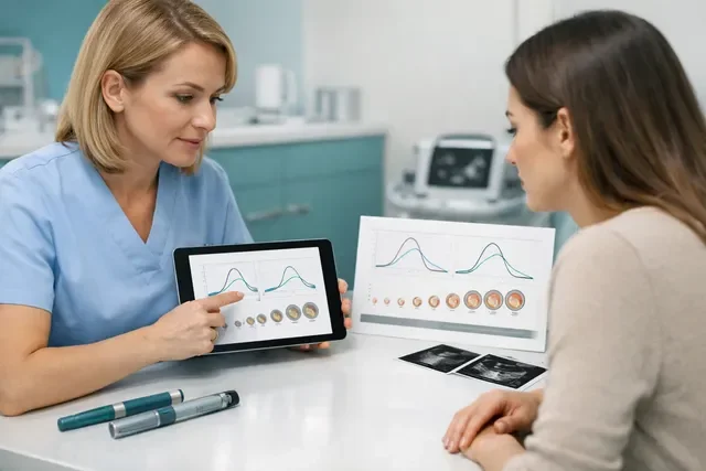 Двойная стимуляция в ЭКО: репродуктолог объясняет пациентке две стимуляции в одном цикле на схеме протокола Двойная стимуляция в ЭКО: репродуктолог объясняет пациентке две стимуляции в одном цикле на схеме протокола