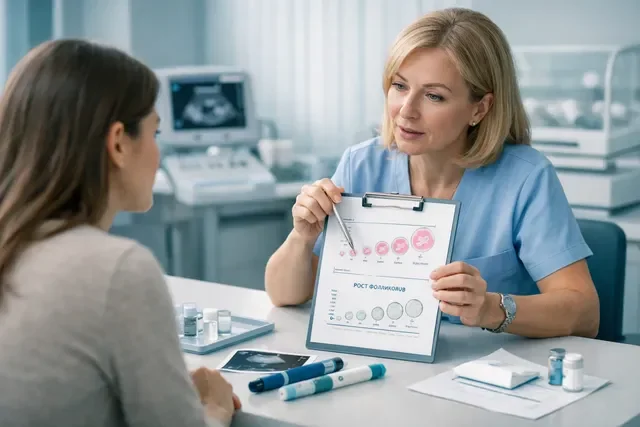репродуктолог объясняет пациентке реальные побочные эффекты стимуляции и наблюдение по УЗИ