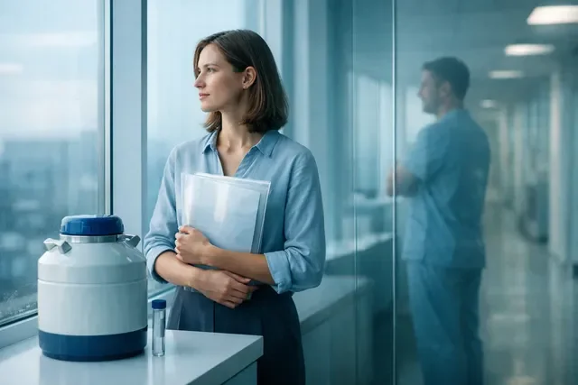 Женщина готовится к ЭКО во время длительного отсутствия мужа и обсуждает план с врачом