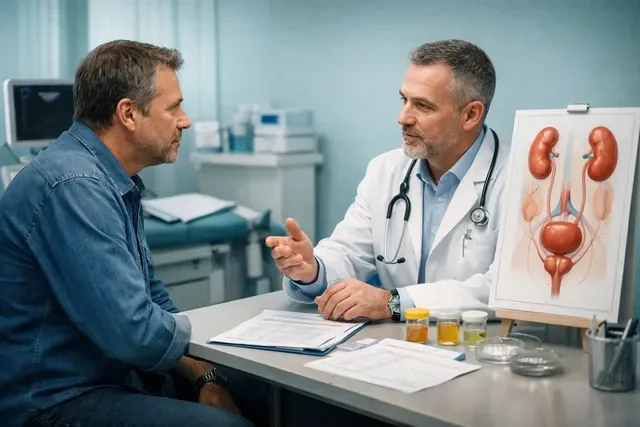 Боль при мочеиспускании у мужчин: мужчина на приёме у уролога обсуждает причины и обследование