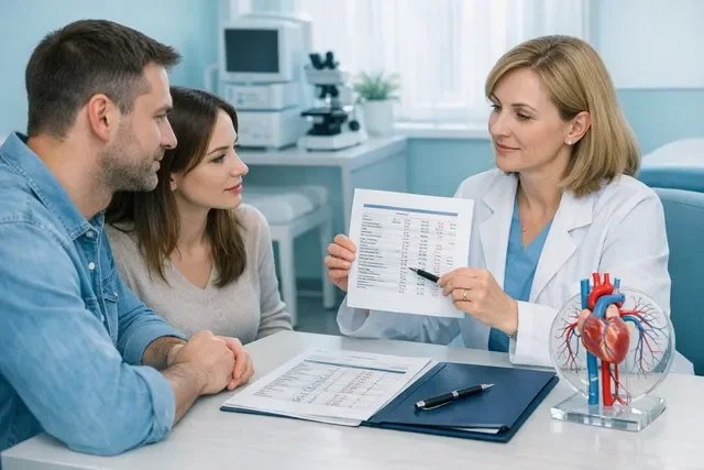 Врач объясняет анализы гемостаза паре перед ЭКО в спокойной консультационной обстановке