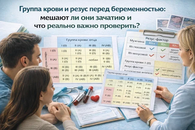 Таблица группы крови и резус-фактора перед беременностью на столе врача в репродуктивной клинике Таблица группы крови и резус-фактора перед беременностью на столе врача в репродуктивной клинике