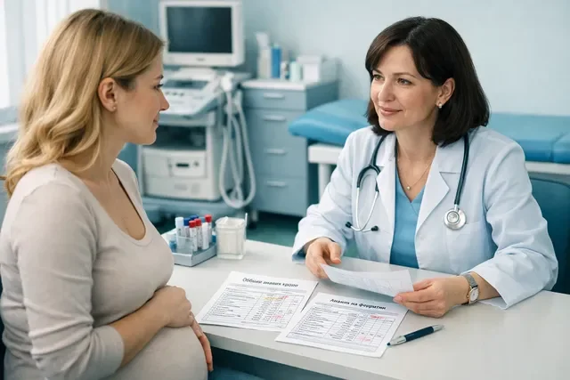 Беременная женщина на приёме у врача, разбор анализа крови при низком гемоглобине Беременная женщина на приёме у врача, разбор анализа крови при низком гемоглобине