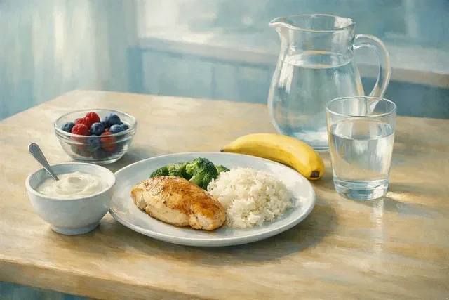 Питание во время стимуляции ЭКО: лёгкая еда и вода на столе в спокойной домашней обстановке Питание во время стимуляции ЭКО: лёгкая еда и вода на столе в спокойной домашней обстановке