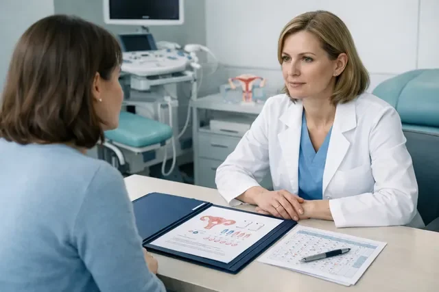 Женщина обсуждает смену врача во время протокола ЭКО на спокойной консультации