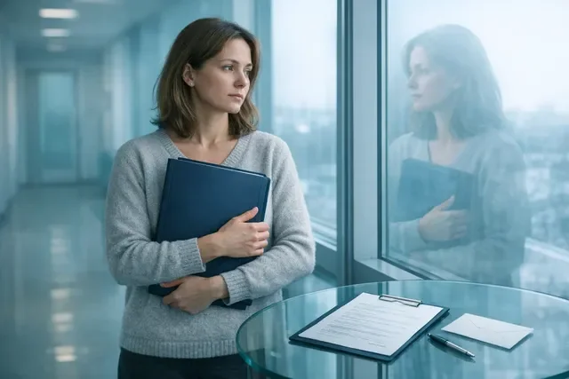 Женщина держит папку с документами о хранении эмбрионов у окна клиники после развода Женщина держит папку с документами о хранении эмбрионов у окна клиники после развода