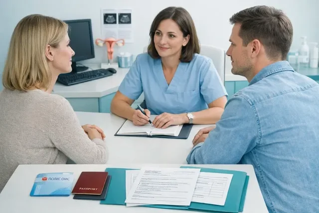 Пара обсуждает документы на ЭКО по ОМС, если муж иностранец, на консультации в клинике