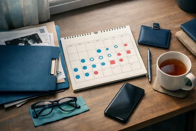 Календарь протокола ЭКО, медицинские документы и служебные бумаги перед оформлением освобождения от работы