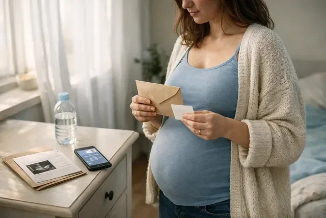 Беременная женщина у окна держит конверт с результатом мазка и задумчиво готовится к повторному приёму