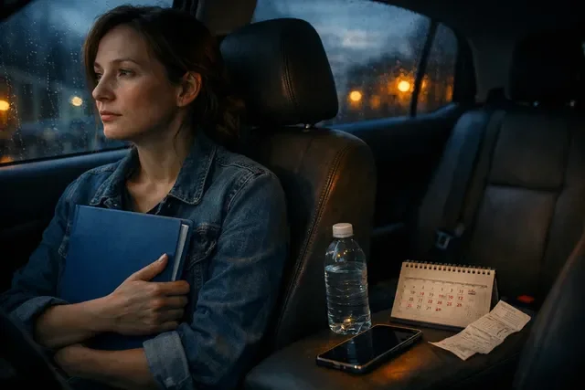 Женщина одна сидит в машине после визита в клинику ЭКО, рядом календарь протокола, папка с документами и тихий момент усталости