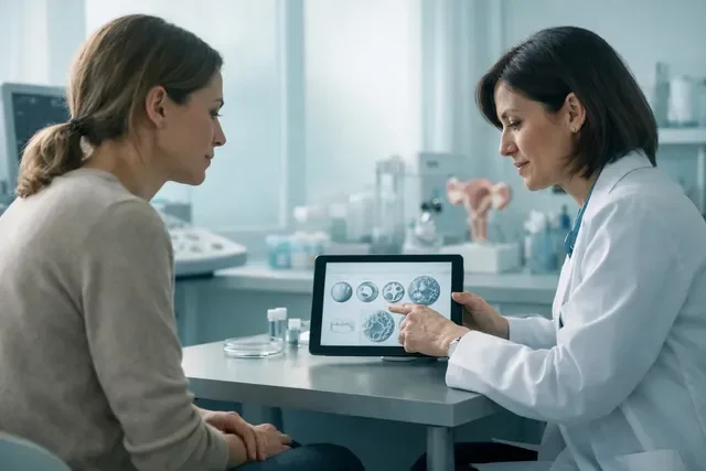 женщина изучает варианты ЭКО на консультации с репродуктологом