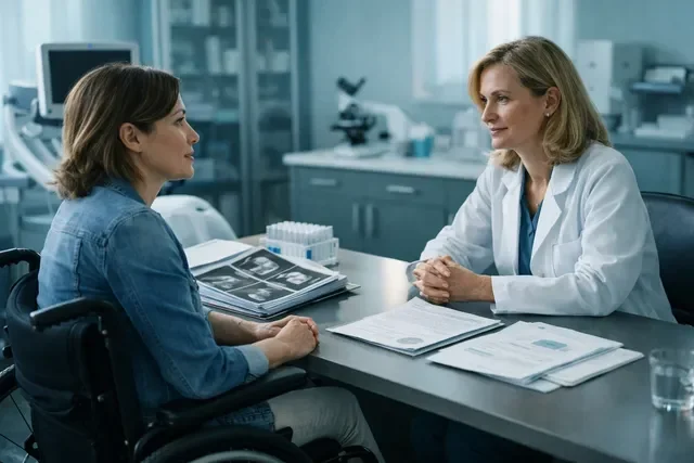 женщина на консультации по ЭКО обсуждает медицинские ограничения и подготовку