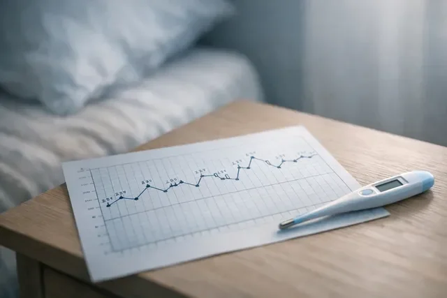 график базальной температуры и термометр на фоне спокойной домашней обстановки