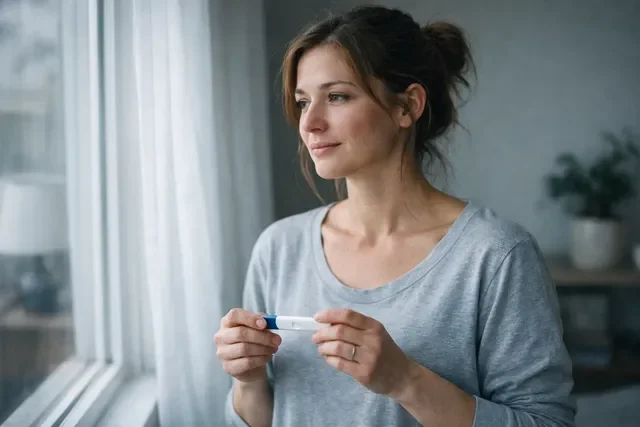 женщина смотрит на положительный тест на беременность у окна ранним утром