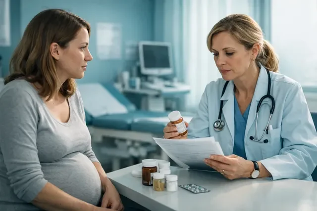 беременная женщина обсуждает антибиотики с врачом на приеме