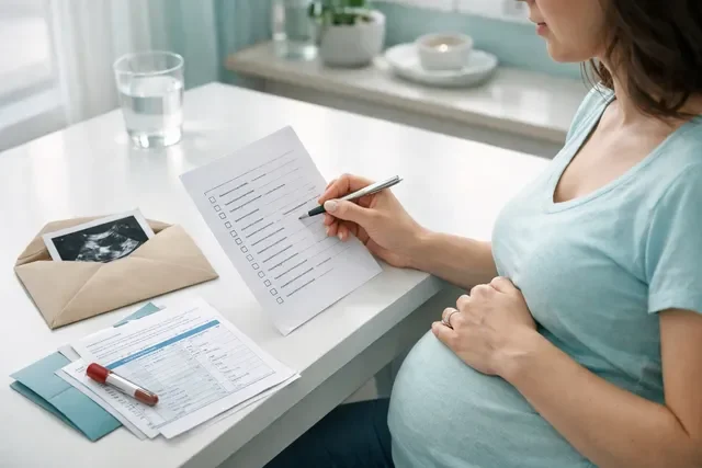 беременная женщина отмечает анализы и обследования по триместрам в блокноте