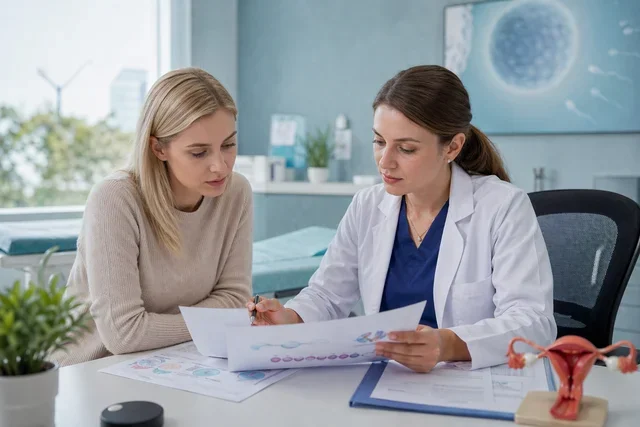 женщина обсуждает уровень ТТГ перед ЭКО и переносом эмбриона на консультации с врачом