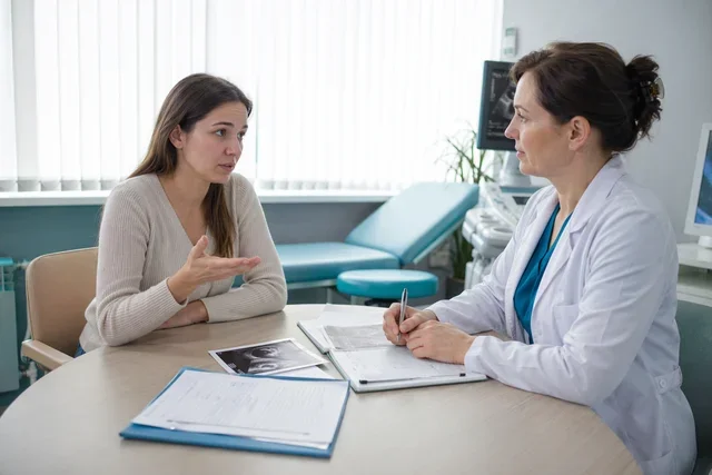 беременная женщина в первом триместре обсуждает кровянистые выделения с врачом на консультации