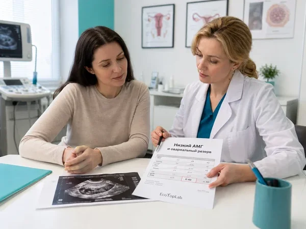 Женщина обсуждает низкий АМГ и овариальный резерв с репродуктологом