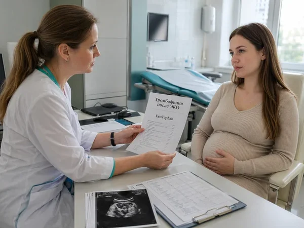 Беременная женщина после ЭКО обсуждает тромбофилию с врачом