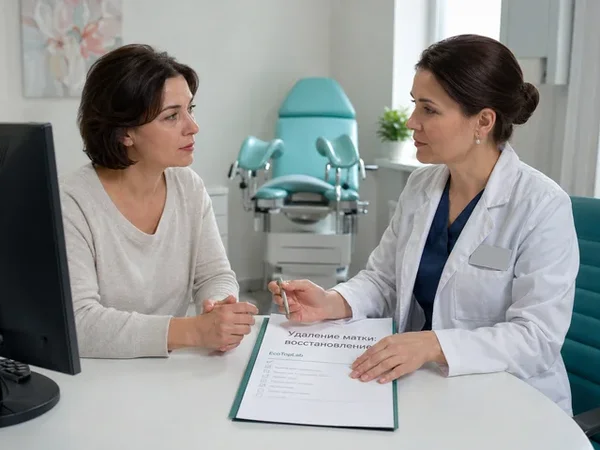 Женщина после удаления матки обсуждает восстановление с врачом
