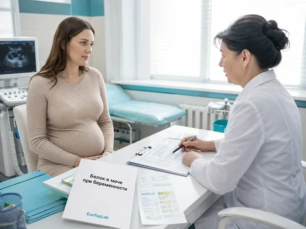 Беременная женщина обсуждает белок в моче и давление с врачом
