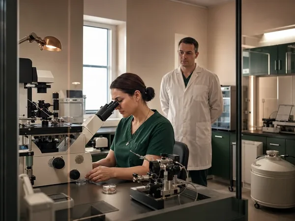 Эмбриолог исследует материал после micro-TESE перед проведением ИКСИ Эмбриолог исследует материал после micro-TESE перед проведением ИКСИ