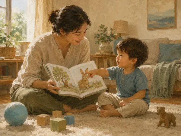 Родитель играет и рассматривает книгу с ребёнком двух лет во время развития речи Родитель играет и рассматривает книгу с ребёнком двух лет во время развития речи