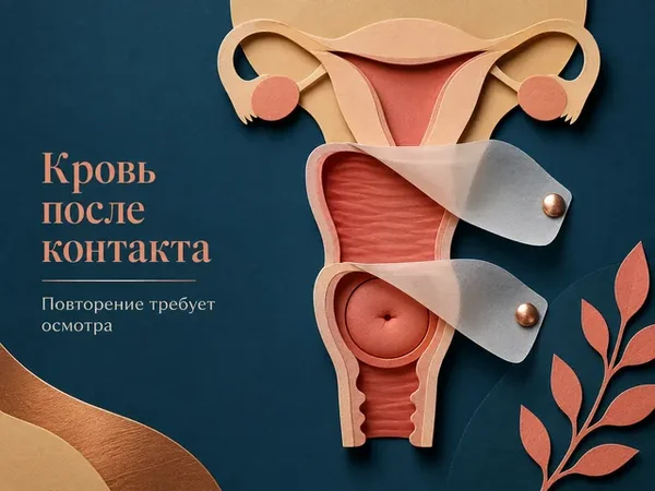 Многослойная бумажная модель влагалища и шейки матки с двумя открытыми зонами возможного контактного кровотечения