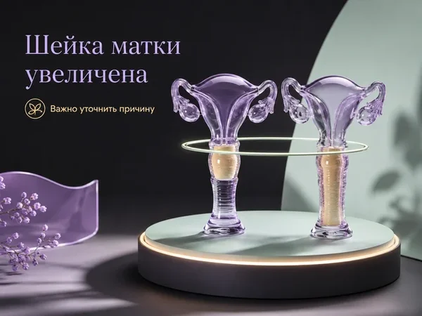 Две прозрачные учебные модели матки с обычной и удлинённой шейкой на круглой световой платформе